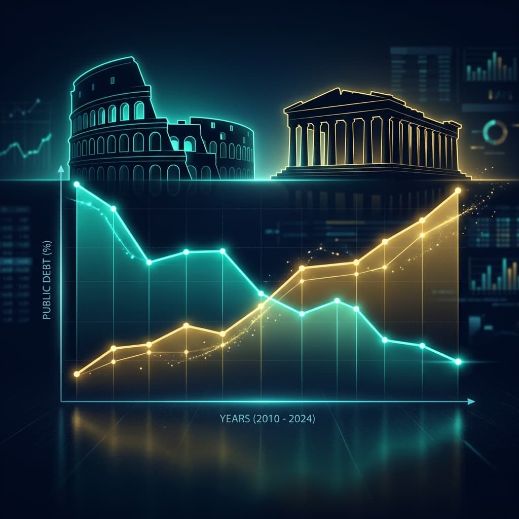 Italy and Greece public debt comparison chart and architectural symbols